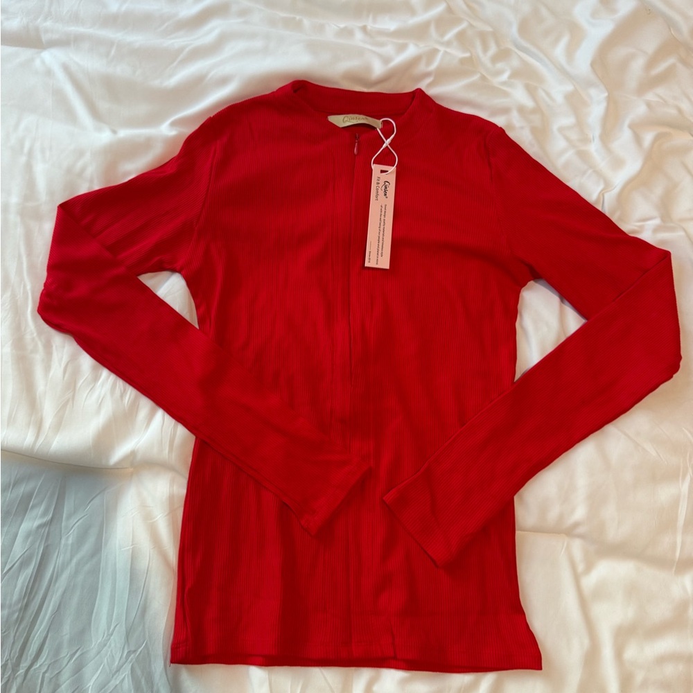 Qinsen Red Ribbed Long Sleeve Top